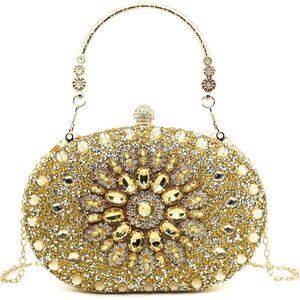 Gold Crystal Rhinestone Evening Clutch Purse for Women - Elegant Wedding Party H